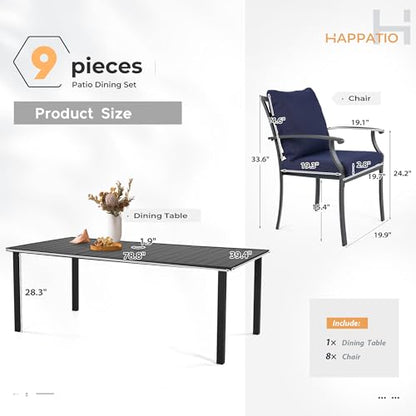 HAPPATIO 9-Piece Patio Dining Set, Outdoor Dining Set with Powder-Coated Metal,Dining Table with Umbrella Hole, 8 Stackable Chairs with Removable Cushions for Porch Poolside Garden,Navy Blue