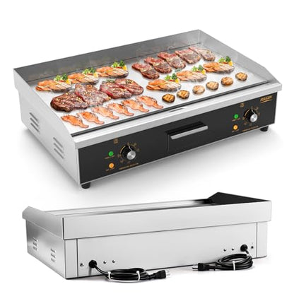 ROVSUN 30" Electric Countertop Flat Top Griddle, 3000W Electric Griddle, Teppanyaki Grill Stainless Steel with Adjustable Temperature Control 122°F-572°F for Commercial Home Restaurant, Plug