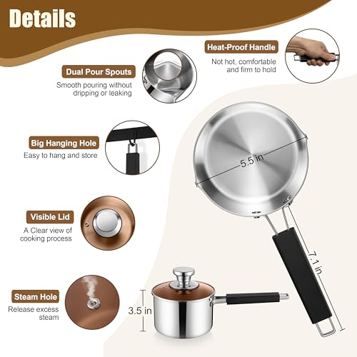 E-far 1 Quart Sauce Pan with Lid, Stainless Steel Tri-Ply All Clad Small Cooking Pot with Pour Spout, Multipurpose Induction Saucepan & Stay-Cool Handle, Compatible with All Cooktops, Dishwasher Safe