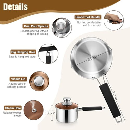E-far 1 Quart Sauce Pan with Lid, Stainless Steel Tri-Ply All Clad Small Cooking Pot with Pour Spout, Multipurpose Induction Saucepan & Stay-Cool Handle, Compatible with All Cooktops, Dishwasher Safe