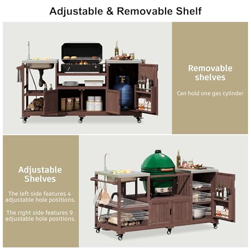 TEVUTEVU 75.4" Outdoor Kitchen Island with Sink, Solid Wood Grill Cart, Rolling BBQ Prep Station with Stainless Steel Top, Towel Rack & Spice Rack, BBQ Cart (Grills NOT Included) (Brown, 75.4 inch)