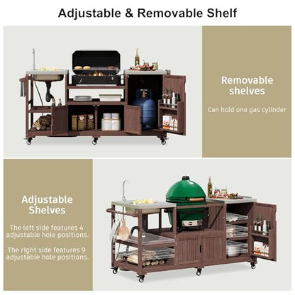 TEVUTEVU 75.4" Outdoor Kitchen Island with Sink, Solid Wood Grill Cart, Rolling BBQ Prep Station with Stainless Steel Top, Towel Rack & Spice Rack, BBQ Cart (Grills NOT Included) (Brown, 75.4 inch)