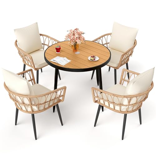 Pamapic 5-Pieces Patio Dining Set with Wood Table Top, All-Weather PE Rattan Patio Furniture Set, Outdoor Dining Furniture with Removable Cushion Chairs & Round Table for Garden Lawn Patio,Cream