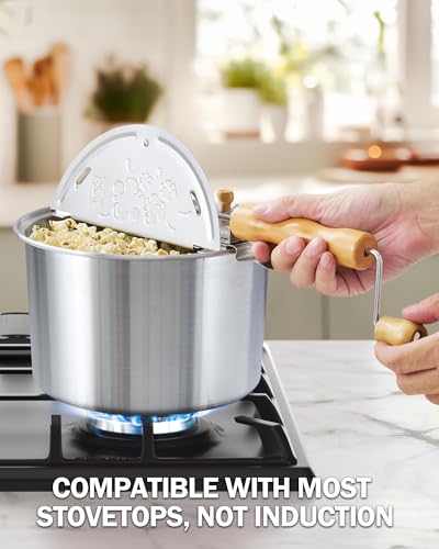Cook N Home 6 Quart Stovetop Popcorn Popper, Hand Crank Popcorn Maker with Metal Gears, Stirring System and Wooden Handle, Aluminum Popcorn Pot for Family Time & Camping