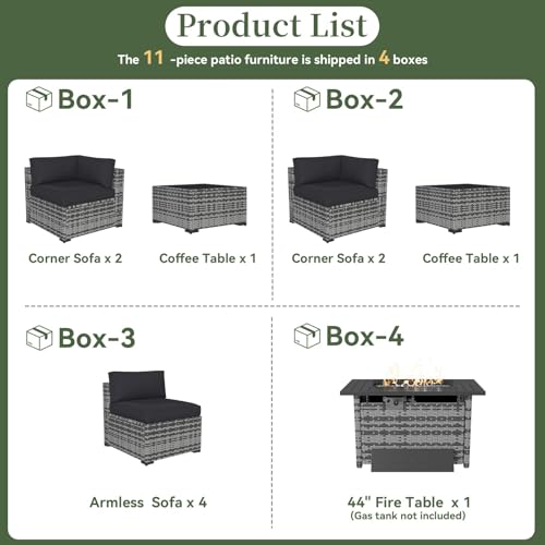 Aoxun 11 Piece Patio Furniture Set with 44" Fire Pit Table Wicker Rattan