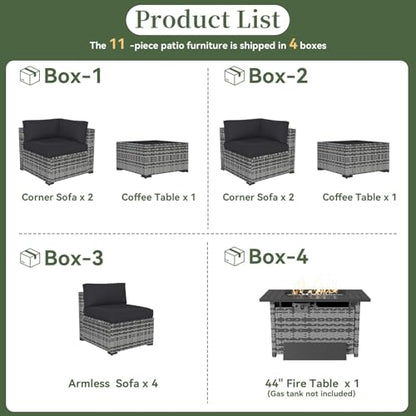Aoxun 11 Piece Patio Furniture Set with 44" Fire Pit Table Wicker Rattan