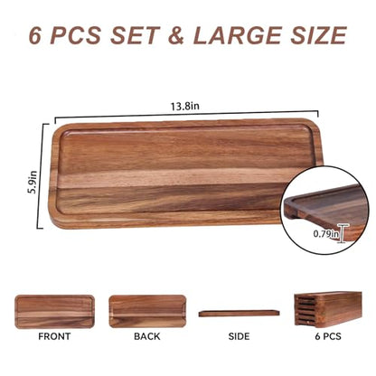 Wood Serving Trays Set of 6, 14 x 6 inch Acacia Wood Platters, Long Rectangular Wooden Trays for Charcuterie, Appetizers, Dessert, Party Serving & Kitchen Décor