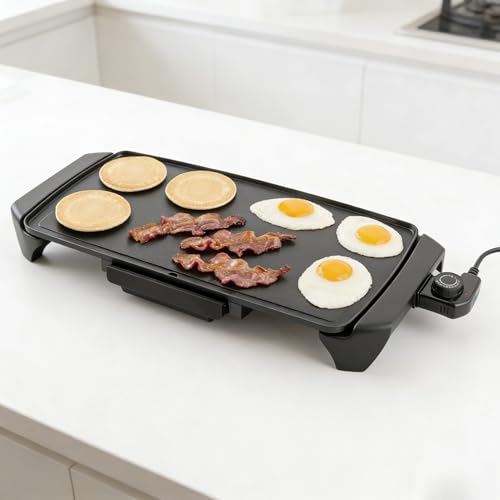 20 Inch Electric Nonstick Ceramic Griddle, 1500W Adjustable Temperature, Removable Control & Drip Tray, Black Countertop Grill