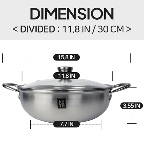 KOTO 304 Stainless Steel Divided Hot Pot – 11”, 4.5L Shabu Shabu Pot with S-Shaped Divider for Spicy & Mild Broths (Double-Sided)