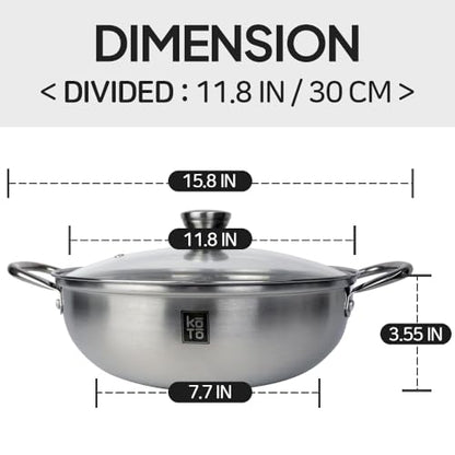 KOTO 304 Stainless Steel Divided Hot Pot – 11”, 4.5L Shabu Shabu Pot with S-Shaped Divider for Spicy & Mild Broths (Double-Sided)