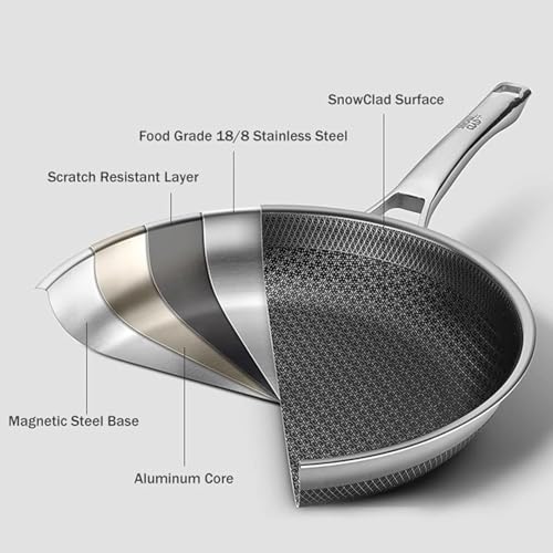 SNOWCLAD 12 Inch Hybrid Nonstick Frying Pan, Stainless Steel Skillet, Dishwasher Safe, Induction & Oven Broiler Safe, PFOA-Free Non-Toxic Cookware