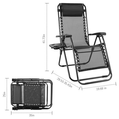 Sweetcrispy Zero Gravity Chairs Set of 2, Outdoor Folding Patio Lounge Chair with Cup Holder Tray, Portable Beach Camping Recliner for Poolside, Garden, Backyard, Lawn, Solid Black