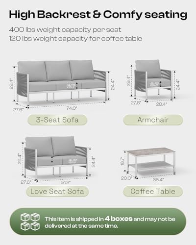 Oasbira Aluminum Outdoor Patio Furniture Set with Dual-Layer Coffee Table, 5 Piece Modern Patio Conversation Sets with PE Rope, Outdoor Sectional Sofa with Thick Cushions for Balcony, Deck, Silver