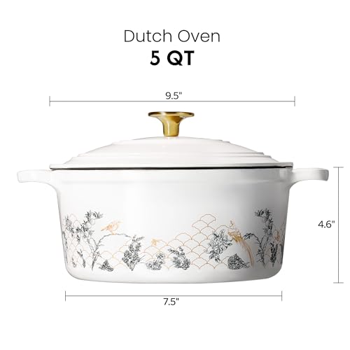 CAROTE Cast Iron Dutch Oven Pot with Lid, 5QT Enameled Floral Dutch Ovens with Gift Box, Cast Iron Pot for Sourdough Bread Baking, Braising, Stews, Roasting, All Stovetop Compatible, Oven Safe, White