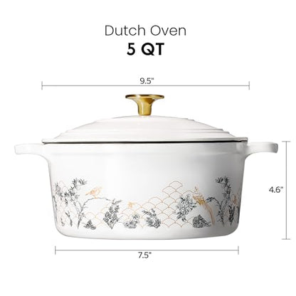 CAROTE Cast Iron Dutch Oven Pot with Lid, 5QT Enameled Floral Dutch Ovens with Gift Box, Cast Iron Pot for Sourdough Bread Baking, Braising, Stews, Roasting, All Stovetop Compatible, Oven Safe, White