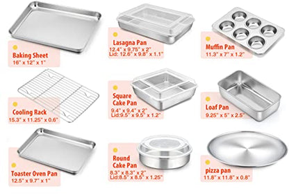 TeamFar Stainless Steel Bakeware Sets, Baking Sheet with Rack, Toaster Oven Pan & Pizza Pan, Lasagna Pan with Lids, Square & Round Cake Pan with Lids, Muffin & Loaf Pan, Healthy