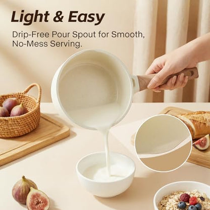 Ceramic Nonstick Saucepan with Lid, 2.0 QT Small Non Stick Stock Pot with Stay-cool Handle, Induction Compatible Cooking Pot White Granite Coating Easy to Clean Kitchen Cookware