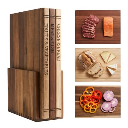 TRYLIFE Book Cutting Board Set of 3 with Stand - The Cutting Board Library, Wood Cutting Boards & Wooden Utensil Set - Charcuterie Boards for Kitchen, Home Decor Gift