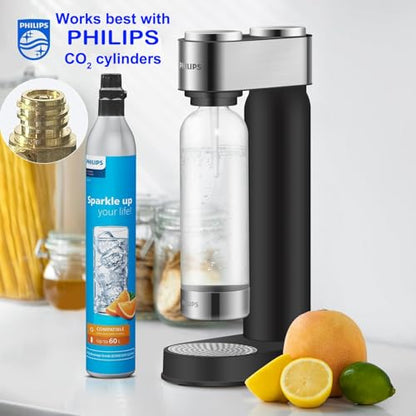 Philips Soda Streaming Machine, Stainless Sparkling Water Maker Easy Install with Quick Twist 1L PET Carbonating Bottle, Soda Maker Compatible with 60L CO2 Carbonator (NOT Included), ADD4902BKOQ/37