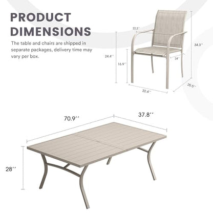 VOXBIN 9 Pieces Patio Dining Set, 71" Rectangular Dining Table with Umbrella Hole, 8 Stackable Textilene Fabric Chairs, Metal Structure for Patio, Porch, Garden(Sand Table, Sand Chair)
