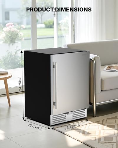 Upstreman 24 Inch Outdoor Refrigerator, 170 Can Under Counter Refrigerator with Stainless Steel Door, Weatherproof, LED Light, Beverage Fridge for Home, Patio or Commercial Use-BR50