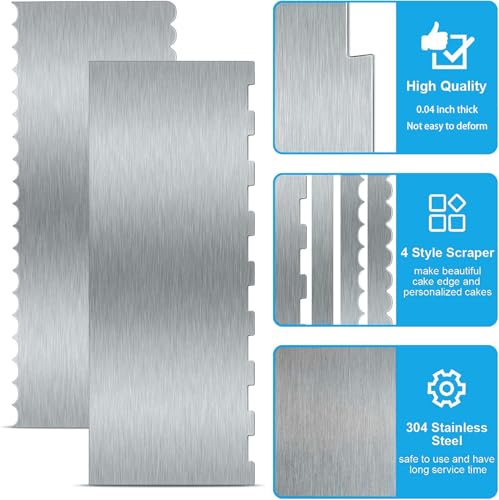 2 Pieces 8.7 Inche Stainless Steel Cake Scraper Double Sided Patterned Edge Stripe Edge Smoother Frosting Scraper Cake Decorating Cake Decorating Comb Cake Scraper For Butter Cream Mousse(2, 2)