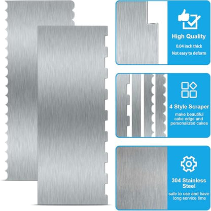 2 Pieces 8.7 Inche Stainless Steel Cake Scraper Double Sided Patterned Edge Stripe Edge Smoother Frosting Scraper Cake Decorating Cake Decorating Comb Cake Scraper For Butter Cream Mousse(2, 2)