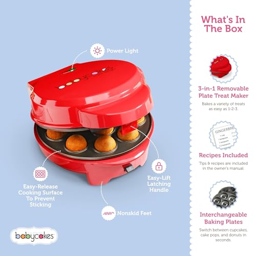 Babycakes 3-in-1 Removable Plate Treat Maker - Baking Gadgets for Cake Pops, Cupcakes & Donuts - Mini Kitchen Appliance & Baking Tool - Gift for Bakers - Includes Non-Stick Baking Plates