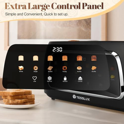 Tesslux 4 Slice Toaster with Touch Screen Control, 1.5" Wide Long Slots, 6 Browning Levels & 6 Bread Types, Digital Timer, Memory, Defrost, Reheat (Black, 4 Slice)