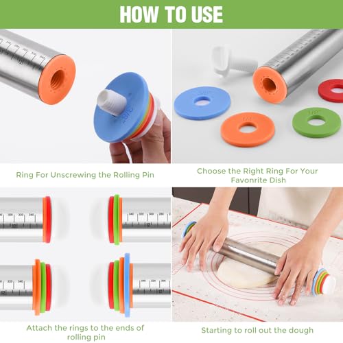 Rolling Pin with Adjustable Thickness Rings for Baking,Stainless Steel Dough Roller,Baking Supplies for Cookie Fondant Pizza Cake Pasta