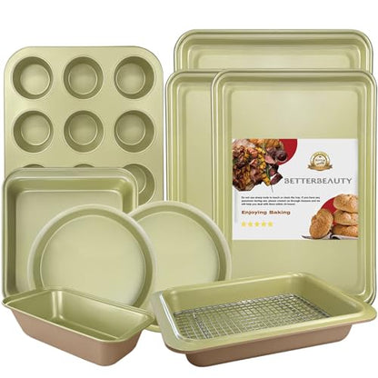 BETTERBEAUTY Nonstick Bakeware Set 10 Pcs, Professional Kitchen Bicolor Baking Pans Set with Cookie Sheets, Muffin Pan, Loaf Pan, Cake Pan and Cooling Rack, Dishwasher Safe, 0.8mm Thick, Heavy Duty