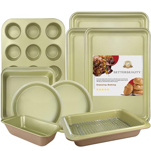 BETTERBEAUTY Nonstick Bakeware Set 10 Pcs, Professional Kitchen Bicolor Baking Pans Set with Cookie Sheets, Muffin Pan, Loaf Pan, Cake Pan and Cooling Rack, Dishwasher Safe, 0.8mm Thick, Heavy Duty