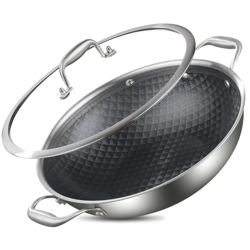 DELARLO Tri-Ply Stainless Steel Wok 13in Nonstick Deep Wok Pan with Lid,Stir-Fry Pans,5.5QT Cooking Pot induction Large woks,Compatible with All Cooktops Up to 550°F(Double Handle)