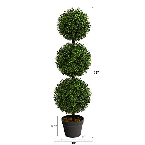 Nearly Natural 36in Artificial Triple Ball Boxwood Topiary Tree - Indoor Outdoor Realistic Faux Greenery for Home Patio Office Decor, Low Maintenance
