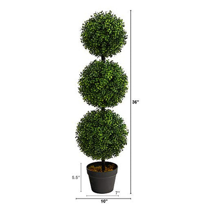 Nearly Natural 36in Artificial Triple Ball Boxwood Topiary Tree - Indoor Outdoor Realistic Faux Greenery for Home Patio Office Decor, Low Maintenance