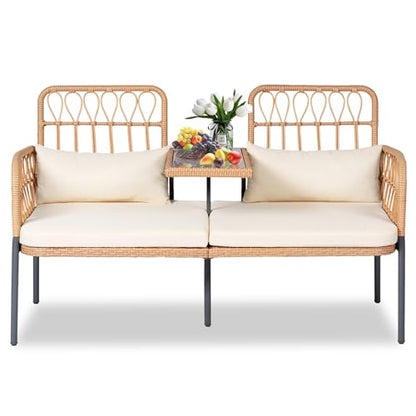 PROHIKER ROHIKER Outdoor Patio Loveseat Rattan Loveseat 2-Seat Furniture with Built-in Table, Lumbar Pillows and Cushions, All-Weather Small Patio Couch for Balcony, Lawn, Backyard
