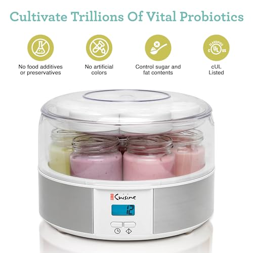 Euro Cuisine Yogurt Maker - YMX650 Automatic Digital Yogurt Maker Machine with Set Temperature - Includes 7-6 oz. Reusable Glass Jars and 7 Rotary Date Setting Lids for Instant Storage