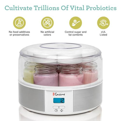 Euro Cuisine Yogurt Maker - YMX650 Automatic Digital Yogurt Maker Machine with Set Temperature - Includes 7-6 oz. Reusable Glass Jars and 7 Rotary Date Setting Lids for Instant Storage