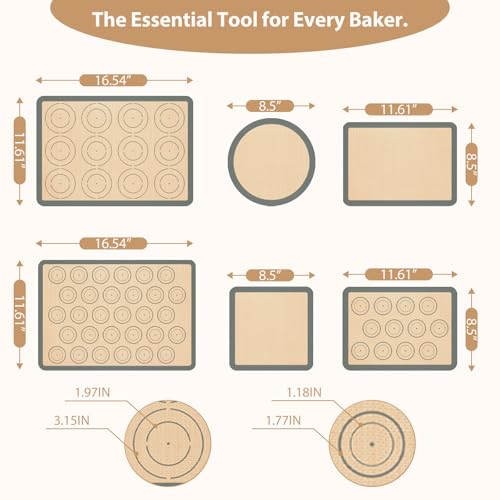 Silicone Baking Mat Set of 6, Silicone Mats for Baking, Baking Sheets Non Stick for Macaron, Cookie, Pizza, Bread and Pastry, Baking Supplies for Oven, Food Grade Reusable