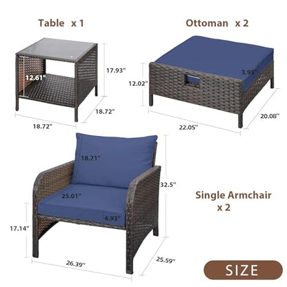 LEVELEVE Balcony Furniture 5 Piece Patio Conversation Set, PE Wicker Rattan Outdoor Lounge Chairs with Soft Cushions 2 Ottoman&Glass Table for Porch, Lawn-Brown Wicker
