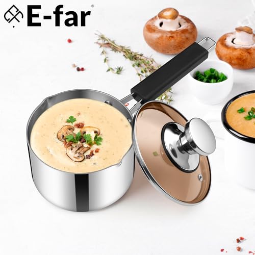 E-far 1 Quart Sauce Pan with Lid, Stainless Steel Tri-Ply All Clad Small Cooking Pot with Pour Spout, Multipurpose Induction Saucepan & Stay-Cool Handle, Compatible with All Cooktops, Dishwasher Safe