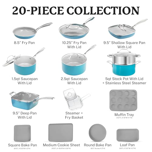 Gotham Steel 20 Piece Pots and Pans Set Nonstick Cookware Set, Pot and Pan Set, Kitchen Cookware Sets, Ceramic Cookware Set, Ceramic Pots and Pans Set, Pot Set, Dishwasher Safe, Aqua Blue