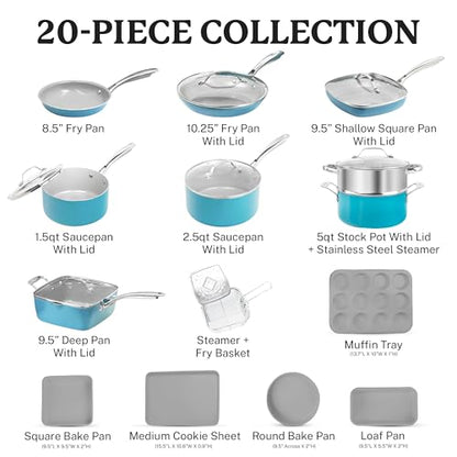 Gotham Steel 20 Piece Pots and Pans Set Nonstick Cookware Set, Pot and Pan Set, Kitchen Cookware Sets, Ceramic Cookware Set, Ceramic Pots and Pans Set, Pot Set, Dishwasher Safe, Aqua Blue