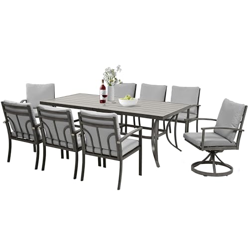 HAPPATIO 9-Piece Patio Outdoor Dining Set - All Aluminum Patio Table and Chairs Set for 8 Includes 1 Rectangular Table, 6 Dining Chairs, and 2 Swivel Chairs with Cushions for Lawn, Garden