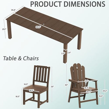 Tioline 11-Piece Patio Dining Set, Outdoor Dining Set for 10, HDPE All-Weather Outdoor Furniture with 89.57” Umbrella Hole Table, 2 Armchairs & 8 Armless Chairs, Brown