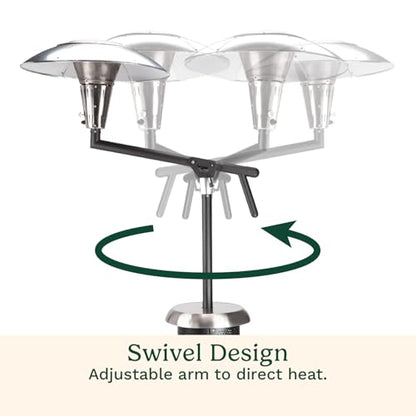 Cuisinart Perfect Position Propane Patio Heater, 38,200 BTU Powerful Directional Stainless Steel Outdoor Heater with Hidden Tank and Drink Table, Swivel Arm and Reflective Heat Shield