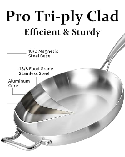 Bzayeat 13-Inch Tri-Ply Stainless Steel Frying Pan with Lid & Detachable Handle - Induction Compatible Skillet, Oven & Dishwasher Safe, Ideal for Frying, Sautéing & Simmering