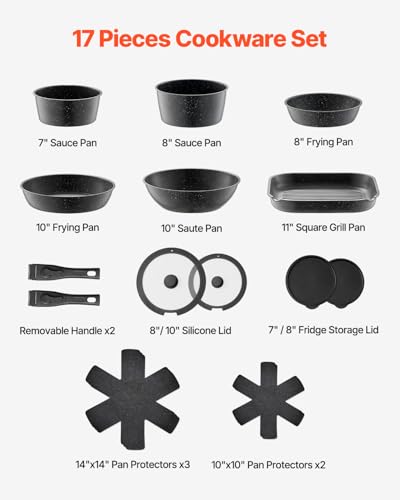 VEVOR 17 Piece Pots and Pans Set, Granite Nonstick Detachable Handle Cookware, Space Saving Induction Cookwares, Kitchen RV Cooking Sets with Frying, Sauce, Saute, Tempered Glass Lid, Oven Safe, Black