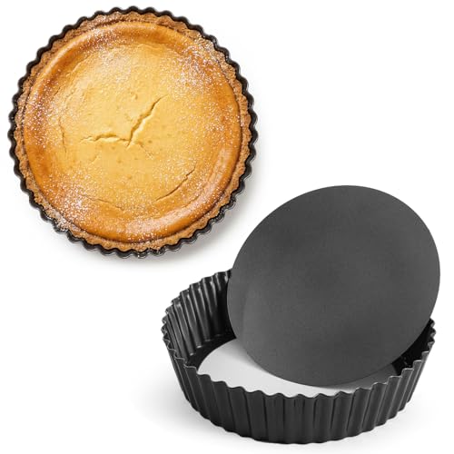 2 PCS 9.5 Inch Tart Pan 2.2 Inch Deep, Tart Pan Removable Bottom Carbon Steel Pie Pans Non-Stick Carbon Steel Pie Pans Non-Stick Round QuichePans Baking Dish with Fluted Edges Fruit Tarts Mold