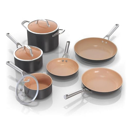 Ninja Pots and Pans Set Non Stick | Extended Life Premium Ceramic Cookware Set | 9-Piece Nonstick | PTFE Free | Oven Safe to 550°F | Induction Compatible | Frying Pan x3 | Cooking Pot x3 | CW99009